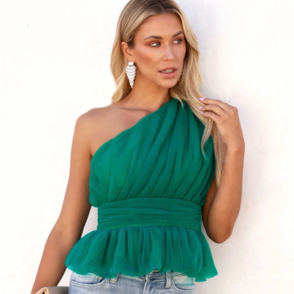 One Shoulder Tulle Top - Emerald